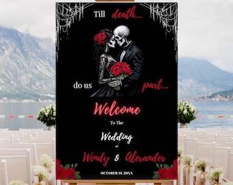 Editable Halloween Wedding Welcome Sign Template, Printable Till Death Do Us Part Wedding Sign, Gothic Wedding Poster, Skeleton Wedding