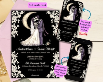 Editable Halloween Skeleton Wedding Invitation Template, Printable Halloween Wedding Invite, Dark Romantic Wedding, Gothic Wedding Invite