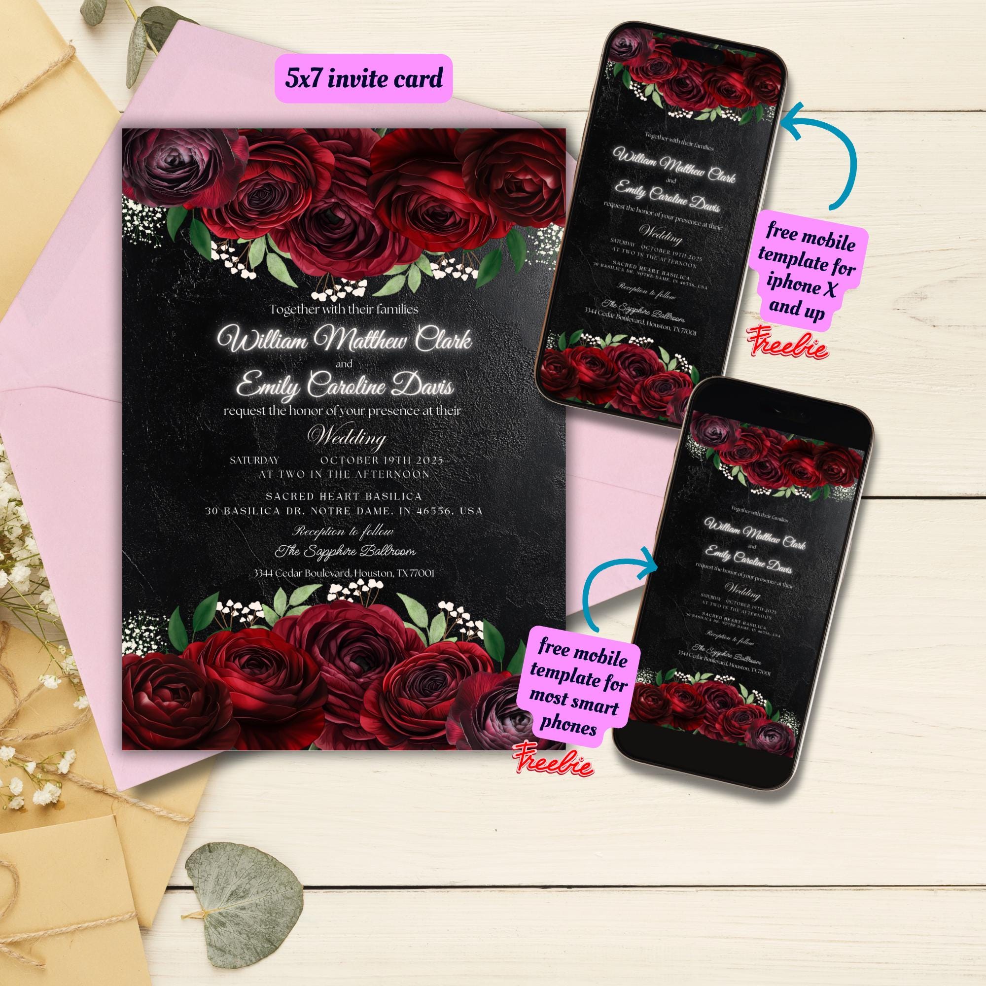 Editable Black Background and Red Roses Floral Invitation Template ...