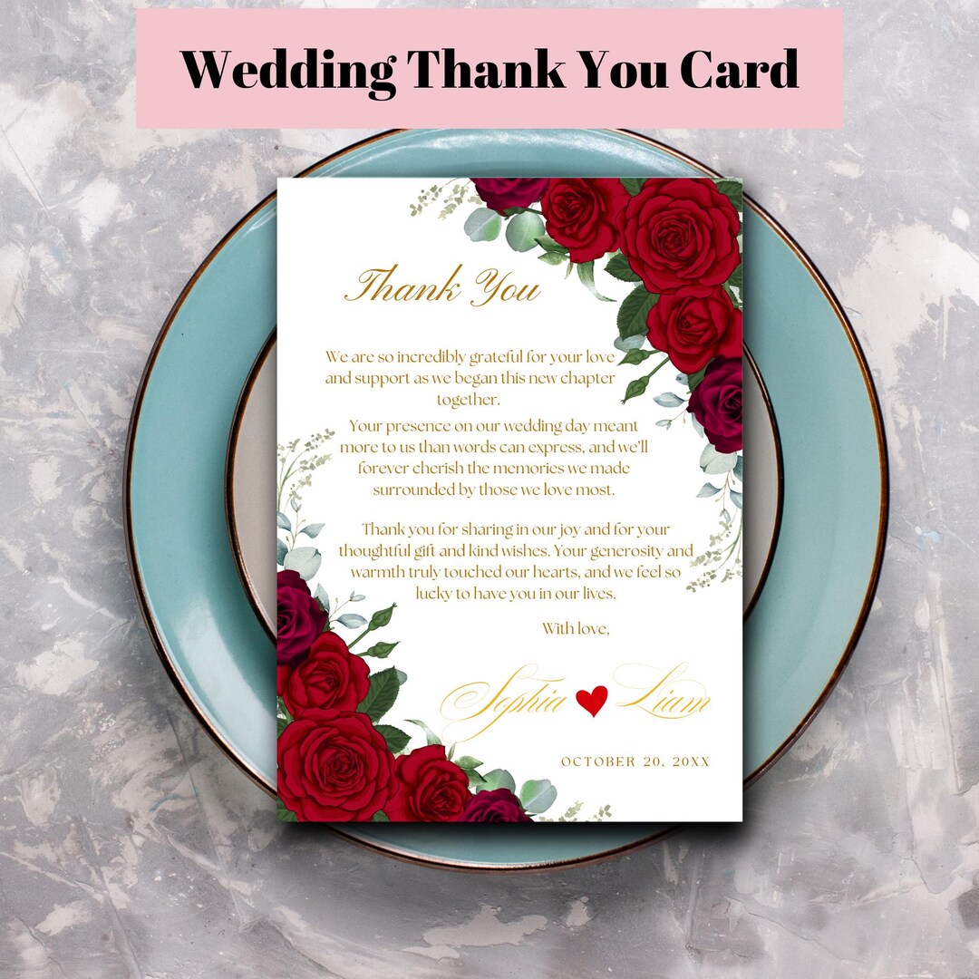 Editable Red Roses Wedding Thank You Card Template, Printable Red ...