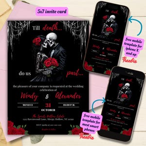 Editable Halloween Wedding Invitation Template, Printable Till Death Do Us Part Wedding Invite, Gothic Wedding, Skeleton Wedding, Canva Edit