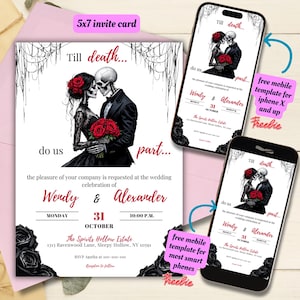 Editable Halloween Wedding Invitation Template, Printable Till Death Do Us Part Wedding Invite, Dark Gothic Wedding, Skeleton Wedding Canva