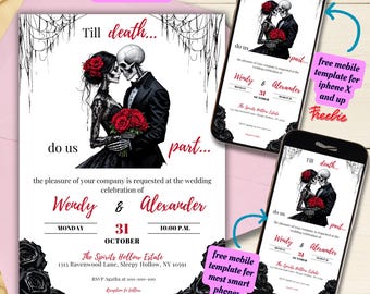 Plantilla editable de invitación de boda de Halloween, invitación de boda imprimible "Hasta que la muerte nos separe", boda gótica oscura, boda de esqueletos en Canva