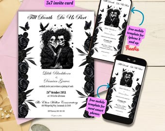 Editable Gothic Wedding Invitation Template, Printable Halloween Wedding Invite, Till Death Do Us Part, Skeleton Wedding, Black and White