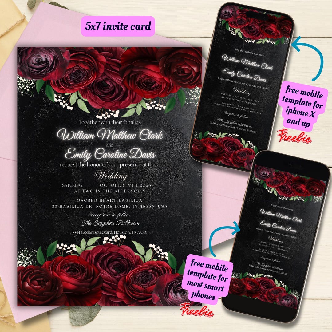Invit Rose Editable Black Background and Red Roses Floral Invitation Template ...