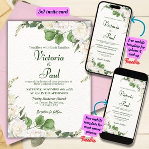 Wedding Invitation Editable Greenery and White Roses Template, Printable White Floral Green Leaves Wedding Invites, White Roses Wedding