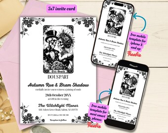 Editable Gothic Wedding Invitation Tarot Design Template, Printable Tarot Wedding Invite, Halloween Wedding Invitation, Skeleton Wedding