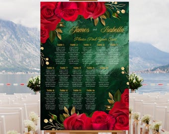 Editable Emerald Green and Red Roses With Gold Accents Wedding Seating Chart Template, Printable Green Wedding Reception Guest List Poster