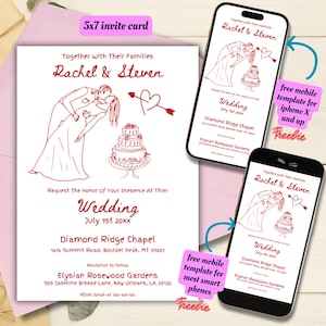 Editable Hand Drawn Wedding Invitation Template, Printable Illustrated Wedding Invitations, Doodle Wedding Invitation, Whimsical Wedding