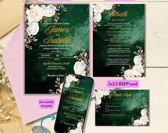 Bearbeitbares elegantes smaragdgrünes Hochzeitseinladungs-Set-Vorlage, druckbares grünes und weißes Blumenhochzeitspaket mit QR-RSVP, Hochzeitsreihe