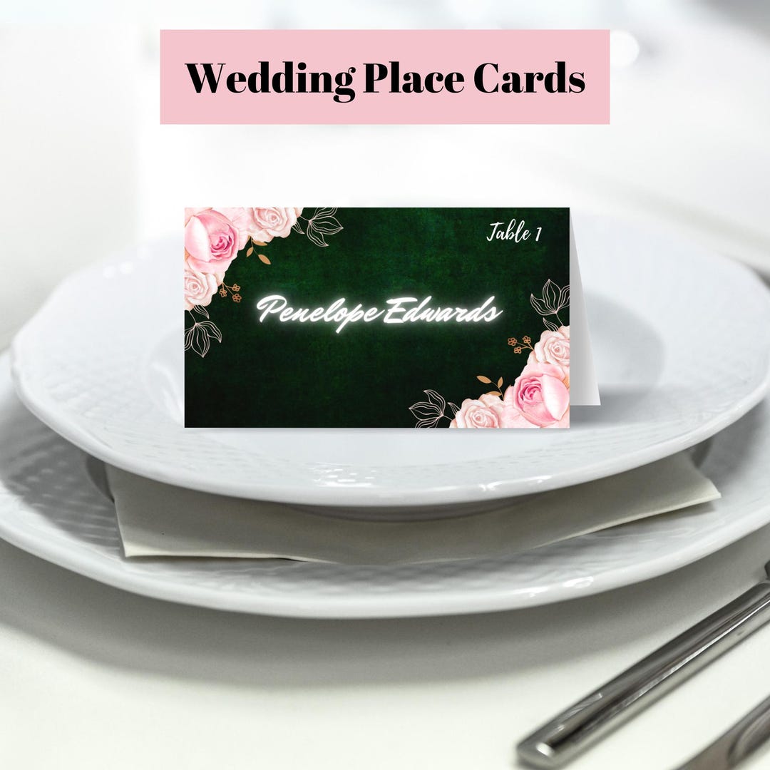 Wedding Name Card Template Editable, Emerald Green Wedding Place Card