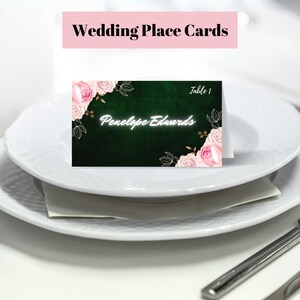 Modèle de carte de visite modifiable pour mariage vert émeraude, modèle de marque-place pour mariage floral rose, marque-place floral rose vert