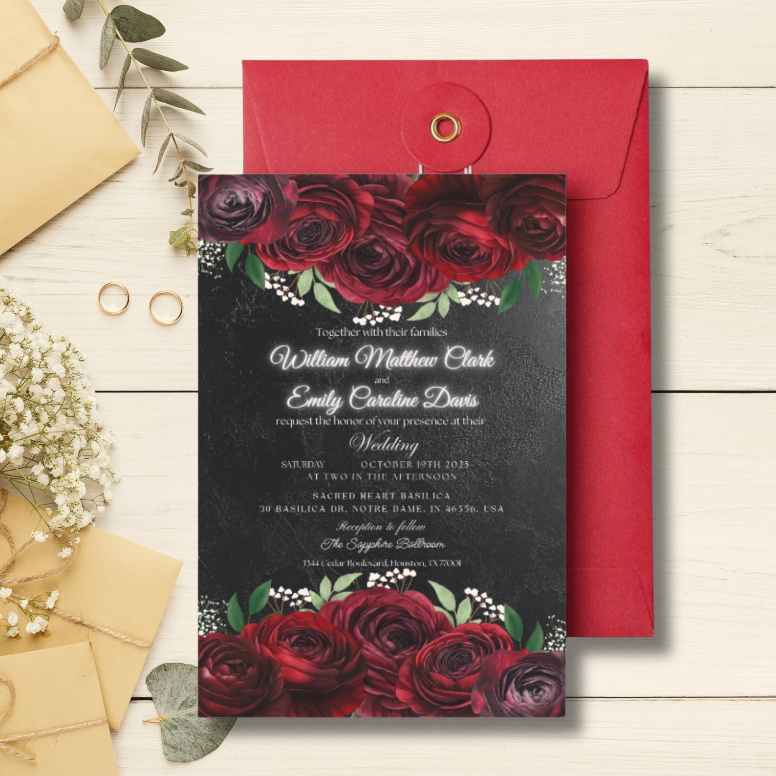 Editable Black Background and Red Roses Floral Invitation Template ...