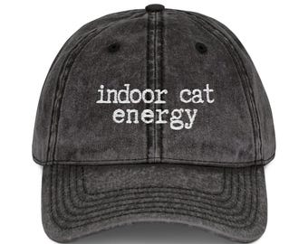 Indoor Cat Energy Embroidered Baseball Cap, Funny Vintage Hat for Introverts & Cat Lovers, Cozy Sarcastic Gift, Quiet Personality Fashion