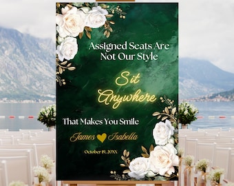 Editable Emerald Green Wedding Open Seating Chart Template, Printable Floral No Assigned Wedding Seating Sign, Sit Anywhere Wedding Sign