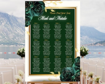 Editable Emerald Green with Green Roses Wedding Seating Chart Template, Printable Dark Green Elegant Wedding Table Number Seat Plan