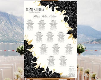 Editable Black Roses with Gold Accents Wedding Seating Chart Template, Printable Black Floral Gold Accents Wedding Table Plan, Gothic Seats