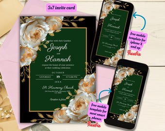 Plantilla editable de invitación de boda con fondo verde esmeralda, rosas blancas y detalles dorados, invitación de boda floral en verde esmeralda y dorado