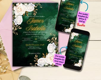 Plantilla editable de invitación de boda verde esmeralda, invitación floral dorada y verde, invitación de boda elegante verde oscuro, invitación de boda verde