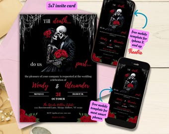 Editable Halloween Wedding Invitation Template, Printable Till Death Do Us Part Wedding Invite, Gothic Wedding, Skeleton Wedding, Canva Edit