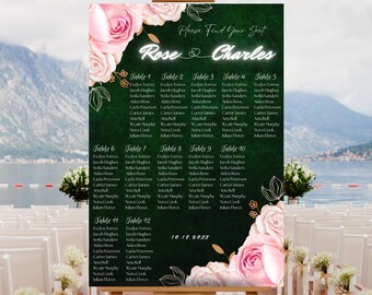 Editable Emerald Green with Pink Roses Wedding Seating Chart Template, Printable Emerald And Pink Wedding Entrance Signage, Find Your Seat