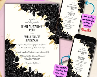 Plantilla editable de invitación de boda con rosas oscuras y melancólicas, invitación de boda imprimible con rosas doradas y negras, invitación de boda floral gótica con rosas negras