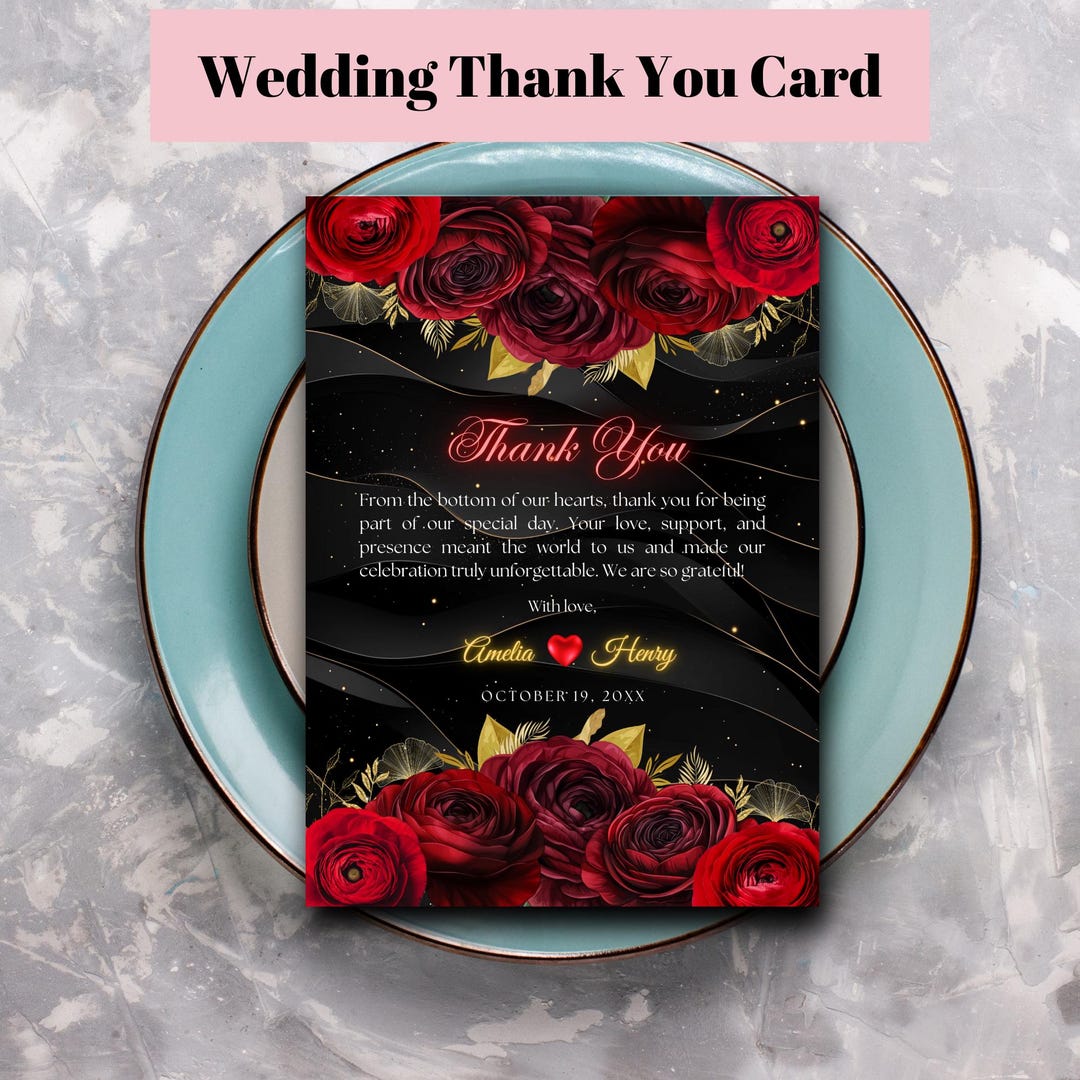 Editable Black Red Gold Wedding Thank You Card Template, Printable ...