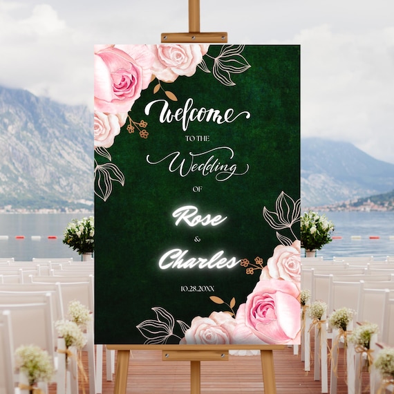 Editable Emerald Green and Pink Floral Wedding Party Welcome Sign