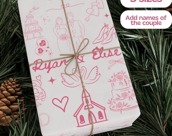 Personalized Hand Drawn Whimsical Illustration Wedding Wrapping Paper, Custom Doodle Coquette Wedding Gift Wrap, Cute Wedding Doodles Wrap