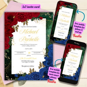 Editable Red and Blue Floral Wedding Invitation Template, Printable Emerald Green Wedding Invitation, Red and Royal Blue Roses Wedding
