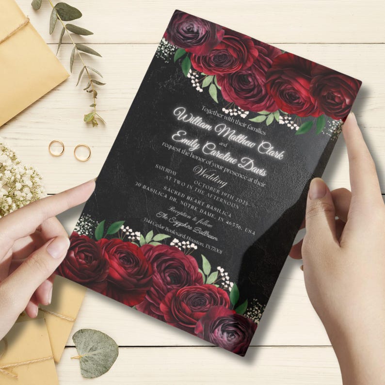 Editable Black Background and Red Roses Floral Invitation Template ...