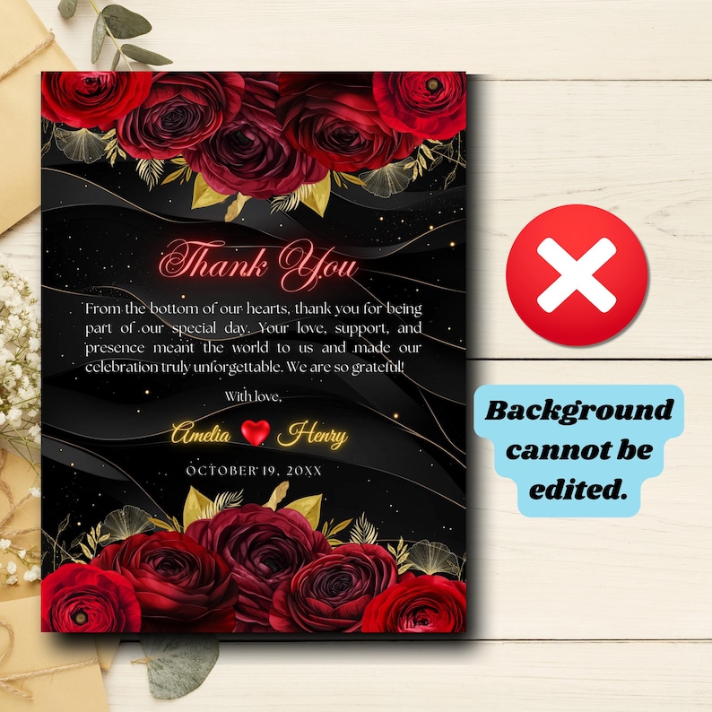 Editable Black Red Gold Wedding Thank You Card Template, Printable ...