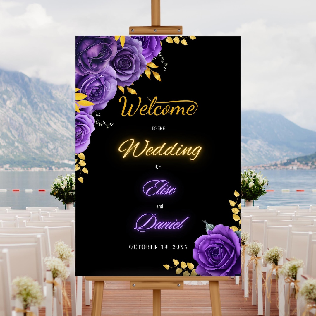 Editable Black Purple Gold Floral Wedding Welcome Sign Template ...