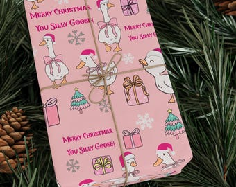 Personalized Message Pink Christmas Silly Goose Wrapping Paper, Custom Whimsical Holiday Goose Gift Wrap Paper, Cute Santa Geese Paper