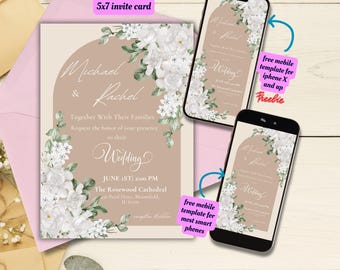Editable Neutral Tones Floral Wedding Invitation Template, Printable White Floral Wedding Invite, Light Brown Floral Wedding Invite