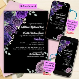 Editable Black & Purple Floral Wedding Invitation Template, Printable Dark and Moddy Wedding Invite, Gothic Purple Roses Wedding Invitation