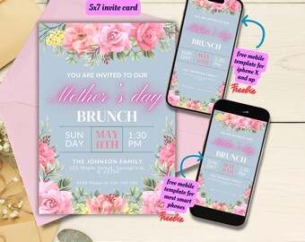 Editable Mother's Day Invitation Template, Printable Mother's Day Brunch Party Invite, Mother's Day Pink Blue Floral Invite, Spring Floral