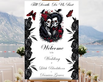 Editable Gothic Wedding Welcome Sign Template, Printable Halloween Wedding Poster, Till Death Do Us Part, The Lovers Wedding, Skeleton Sign