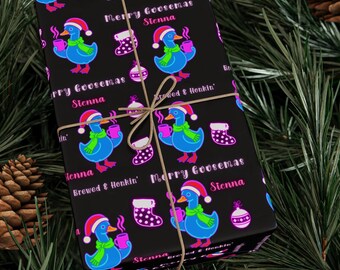 Personalized Merry Goosemas Christmas Wrapping Papers, Custom Neon Silly Goose Holiday Wrapping Paper, Neon Coffee and Goose Xmas Gift Wrap