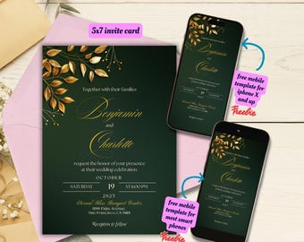 Bearbeitbare Smaragdgrün und Gold Hochzeitseinladungsvorlage, druckbare Hochzeitseinladung in Grün und Gold, Smaragdgrüne Hochzeit einladen