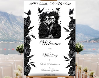 Editable Gothic Wedding Welcome Sign Template, Printable Halloween Wedding Welcome Poster, Till Death Do Us Part, Skeleton Wedding Sign