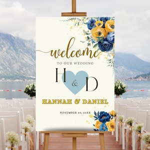 Plantilla editable de cartel de bienvenida para boda con flores azules y amarillas, cartel de bienvenida para boda con flores azules y amarillas imprimible, cartel de bienvenida para boda con flores azules y amarillas