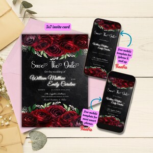 Könnte beinhalten: Eine 5x7 Zoll Hochzeits-Einladungskarte und zwei Smartphone-Vorlagen. Die Einladung zeigt einen schwarzen Hintergrund mit roten Rosen und den Text "Save The Date" für William Matthew und Emily Caroline. Die Smartphones zeigen das gleiche Design.