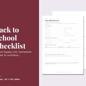 Peut inclure: Un document de liste de contrôle pour la rentrée scolaire intitulé This child, this year, comprenant des sections pour les informations personnelles, les détails de l'école, le transport, les contacts d'urgence et les notes médicales.