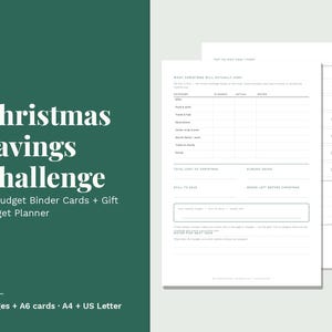 Peut inclure: Une feuille de planification budgétaire blanche pour le défi d'épargne de Noël avec du texte noir, comprenant des colonnes pour la catégorie, le prévu et le réel, ainsi qu'une grille de suivi. Le document inclut des sections pour le coût total.