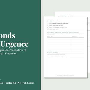 Peut inclure: Un modèle de planificateur de fonds d'urgence avec des pages blanches et du texte noir. Le document comprend des sections pour les objectifs, les dépenses essentielles et les cibles, avec des titres comme Fonds d'Urgence et Mon Objectif.