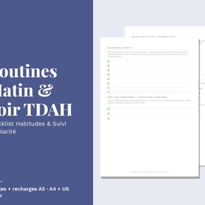 Peut inclure: Un ensemble de planificateurs numériques avec des pages blanches et du texte noir, incluant une liste de contrôle pour la routine du matin, des tâches non négociables et un suivi des habitudes. Le texte indique 'Routines Matin & Soir TDAH'.