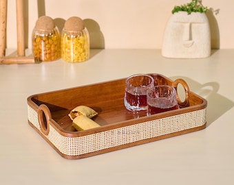 Brick Brown® Premium Wooden Tresso Serving Tray with Cane Weaving | Walnut Finish Tea & Breakfast Tray with Handles for Kitchen, Dining