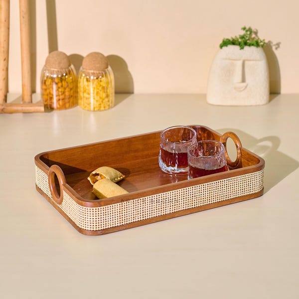 Wooden Serving Tray with Cane Weaving | Solid Mango Wood Walnut Tray with Handles | Breakfast in Bed Tea Tray Decor | Tresso by Brick Brown