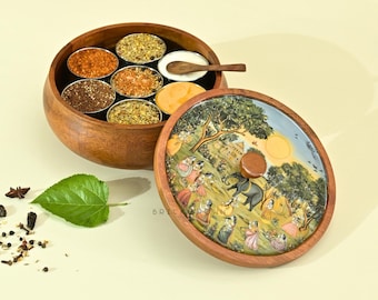 Brick Brown® houten geëmailleerde saga masala-doos voor keuken | Kruidendoosje | Kruidenpotje | Masala Dani met 7 bakjes en 1 houten lepel